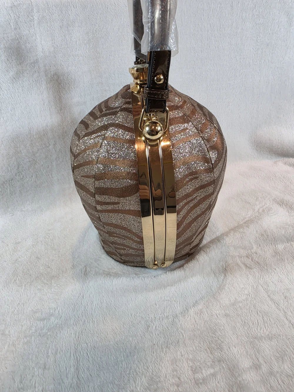 Blue Heaven Womens Zebra Glitter Round Evening Handbag Purse NWT Gold Tone